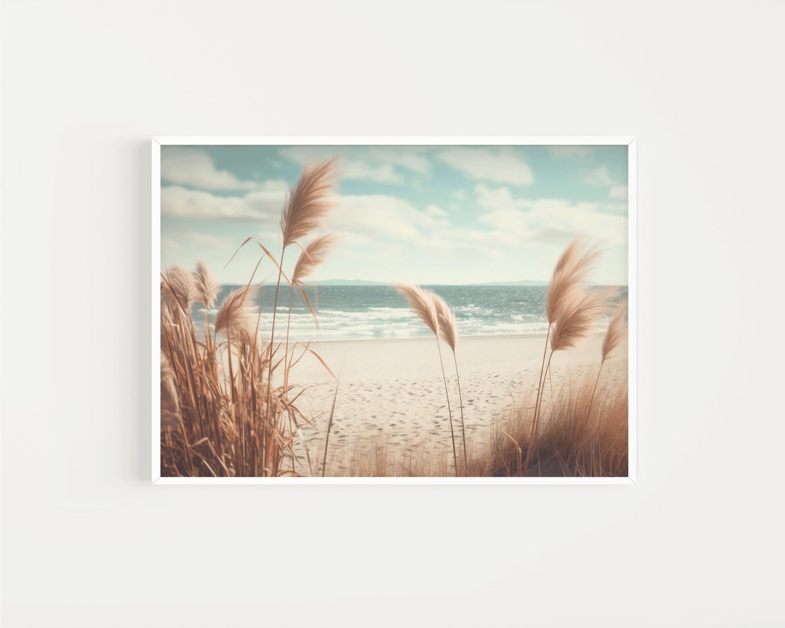 Golden Pampas Grass on Sandy Beach Overlooking Ocean Waves Poster - Image 2
