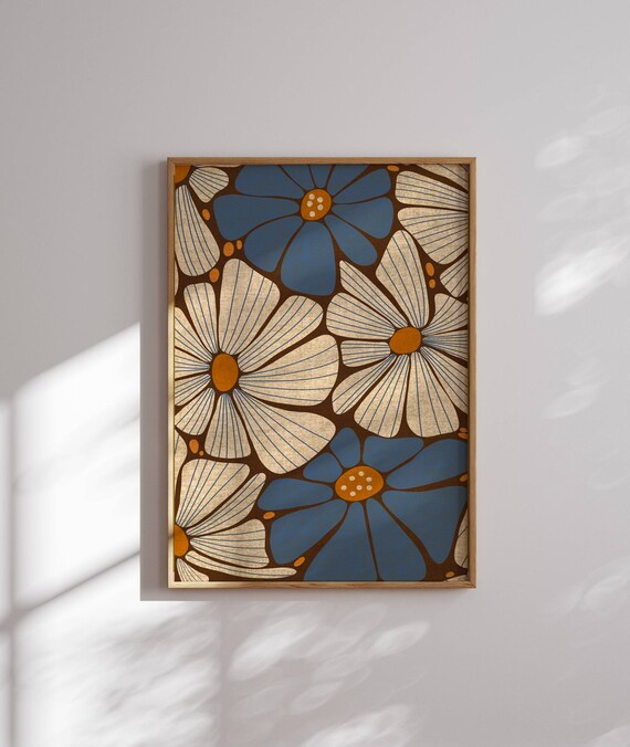 Bold Blue And Cream Flower Poster Retro Pattern Mid Century Wall Decor