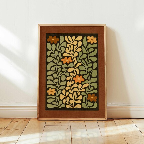 Folk Art Garden Pattern Poster Dark Green Orange Blooms Vintage Decor