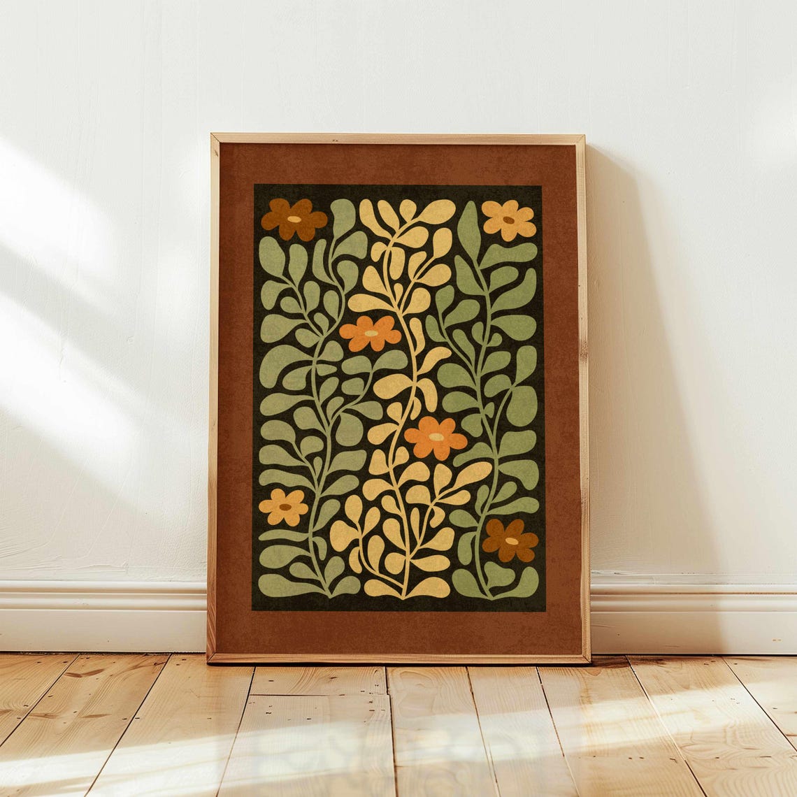 Folk Art Garden Pattern Poster Dark Green Orange Blooms Vintage Decor