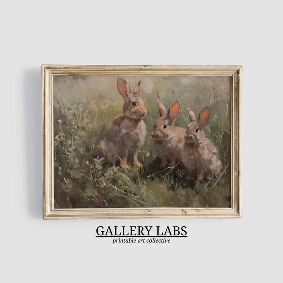 Three Brown Rabbits in Grass Vintage Oil Painting Woodland Art Print