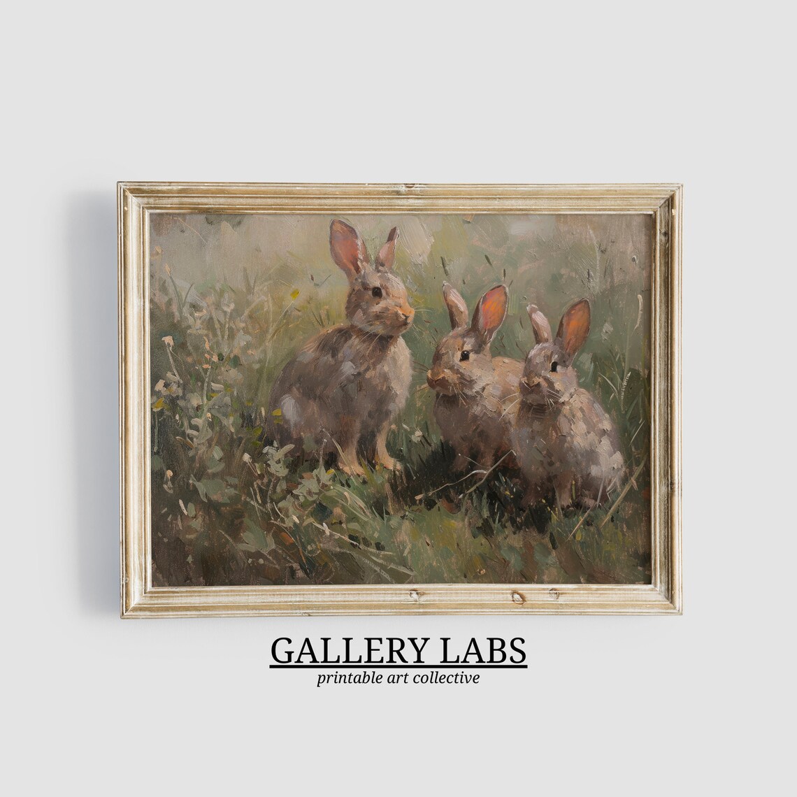 Three Brown Rabbits in Grass Vintage Oil Painting Woodland Art Print