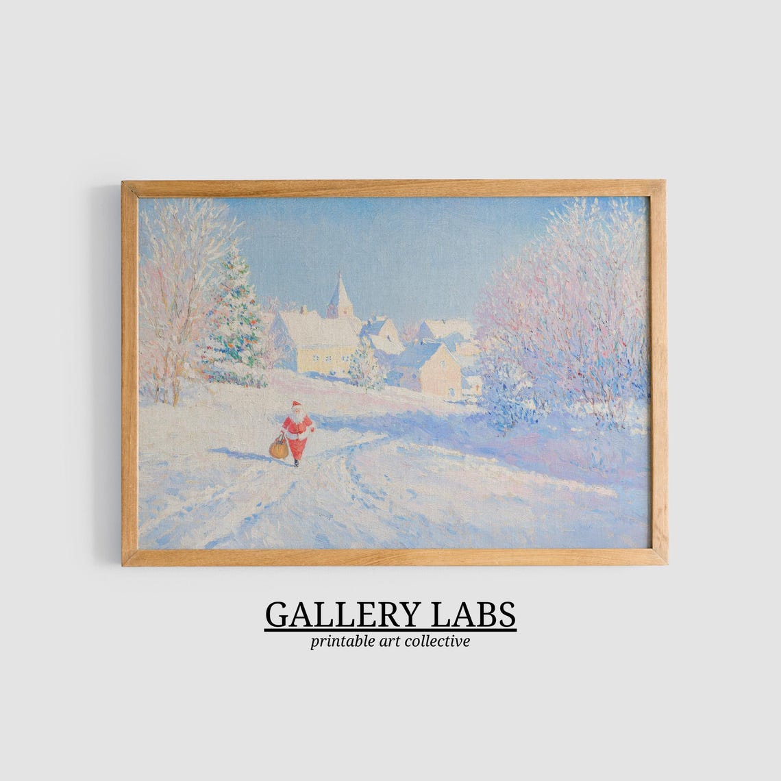 Santa Claus Snowy Village Church Winter Christmas Scene Wall Art - Image 3
