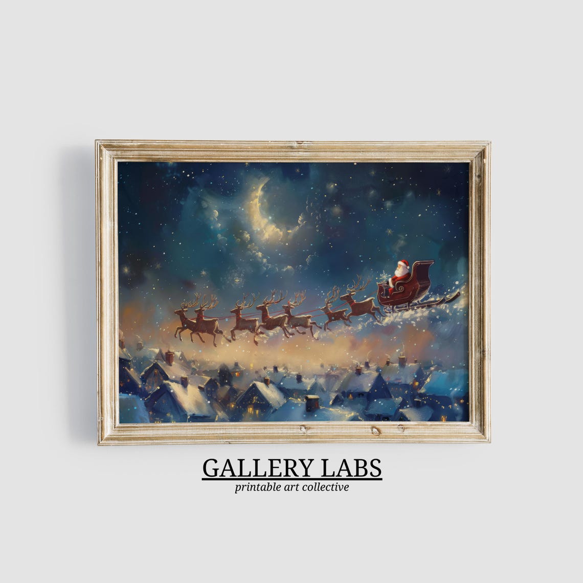 Santa Claus Flying Sleigh Reindeer Over Rooftops Moonlit Night Poster