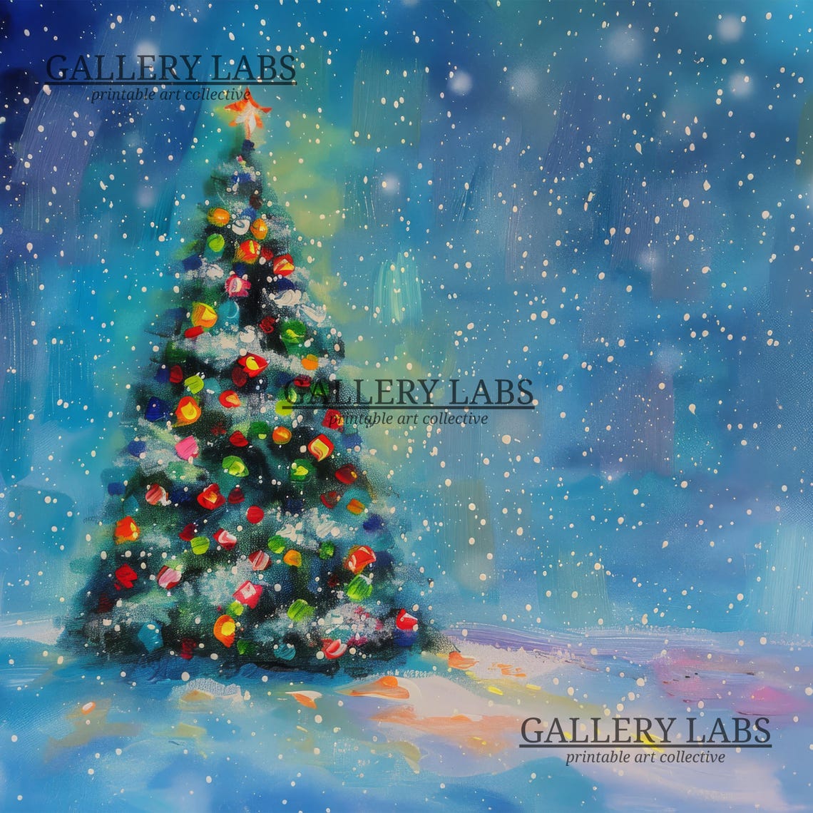 Colorful Christmas Tree Starry Blue Night Sky Snowfall Painting Poster - Image 4