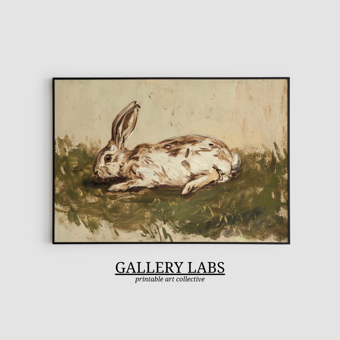Vintage Wild Hare Lying in Grass Rustic Woodland Oil Art Print - Image 2