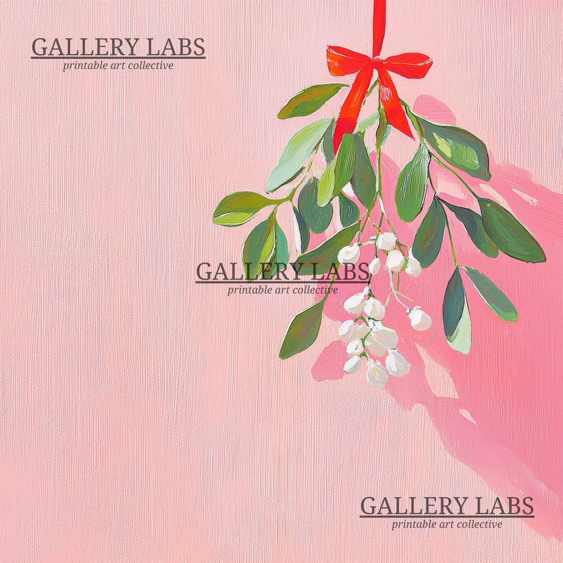 Pink Mistletoe Sprig Red Bow Christmas Botanical Wall Art Poster - Image 4