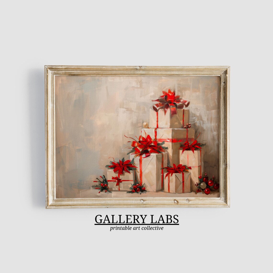 Vintage Christmas Gift Boxes Red Bows Still Life Painting Art Poster