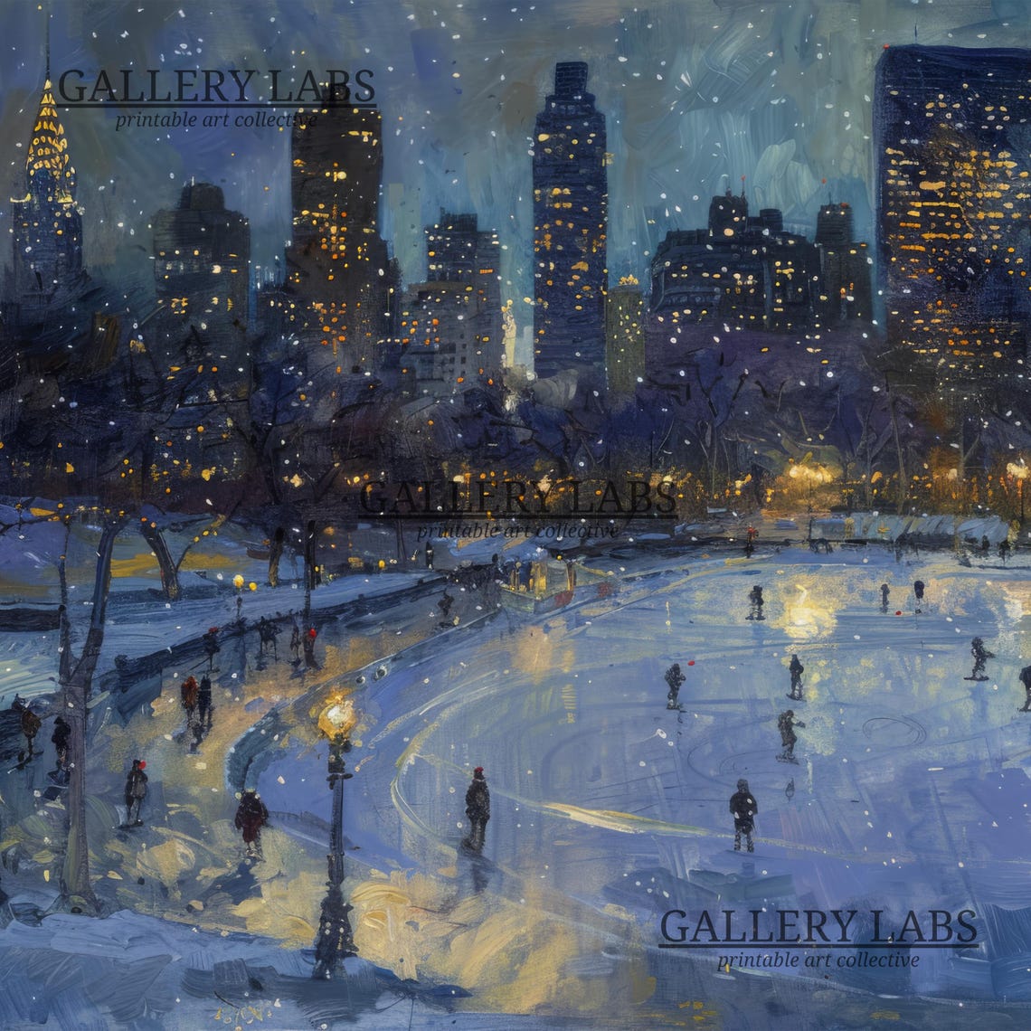 New York City Night Ice Rink Manhattan Skyline Snow Painting Poster - Image 4