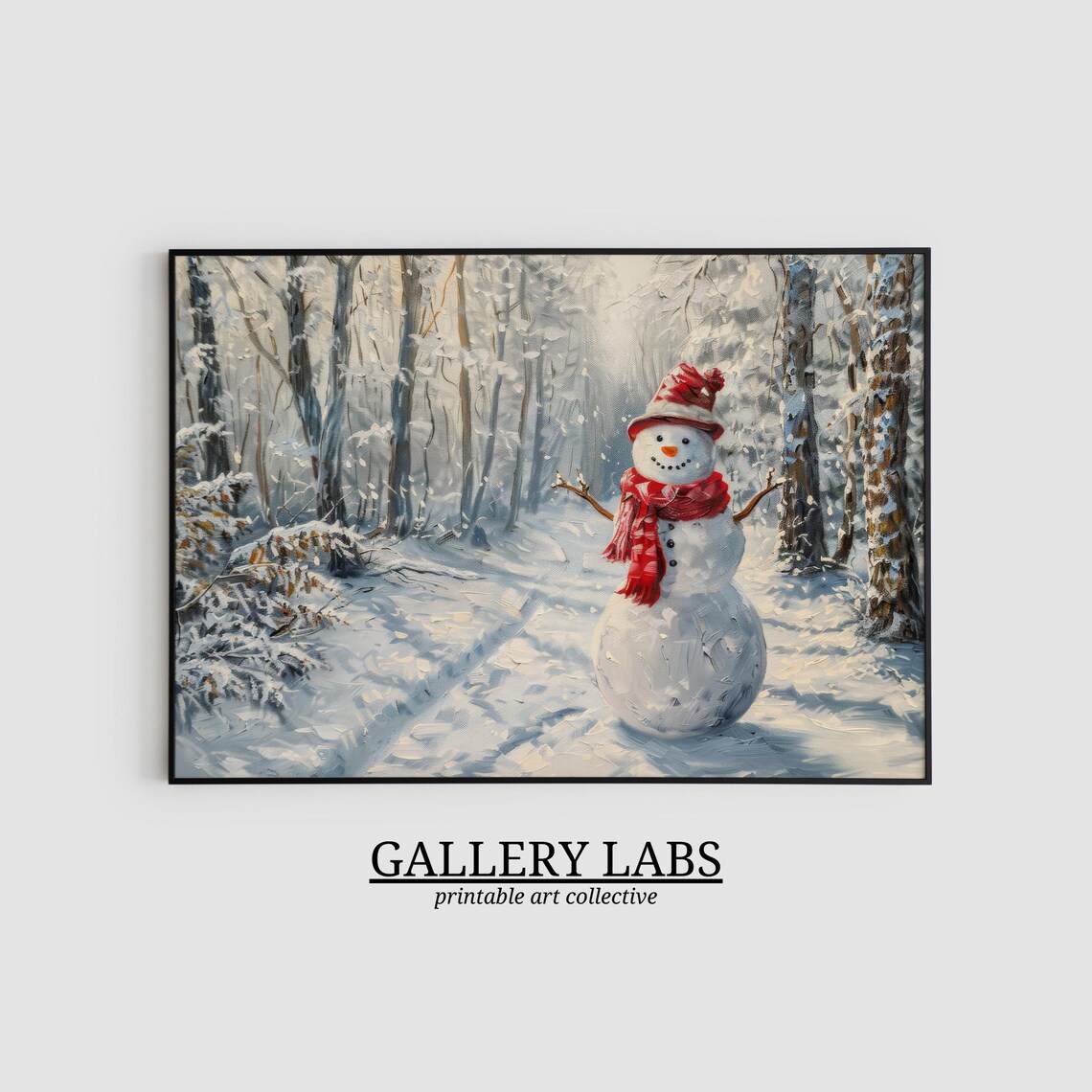 Cheerful Snowman Red Scarf Snowy Forest Winter Christmas Art Poster - Image 2