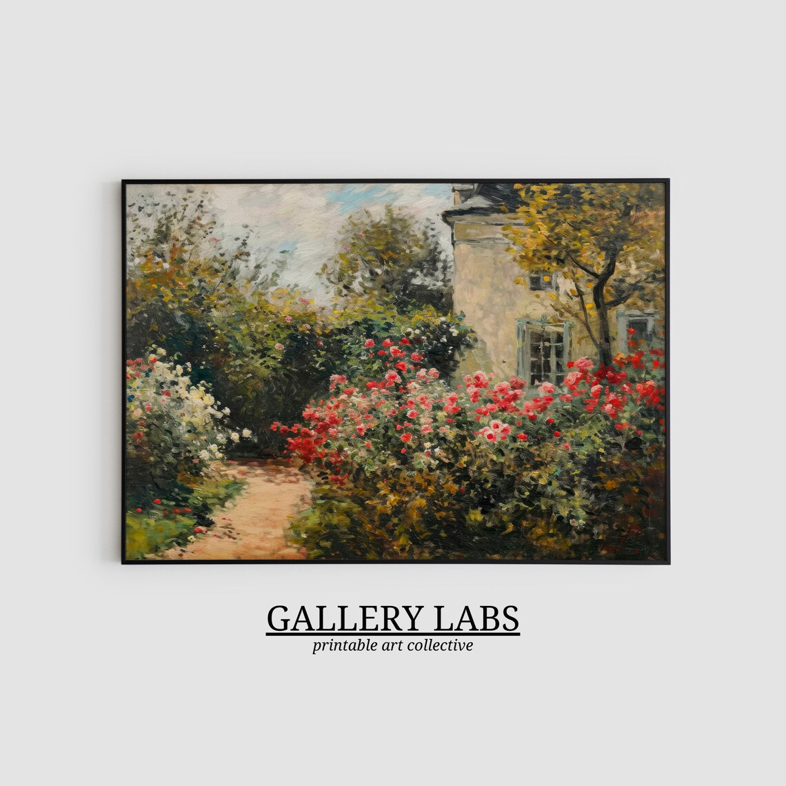 Cottage Rose Garden Painting Red Roses Stone House Path Art Print - Image 2