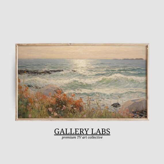 Wildflower Dotted Rocky Shore Rolling Waves Sunrise Seascape Poster