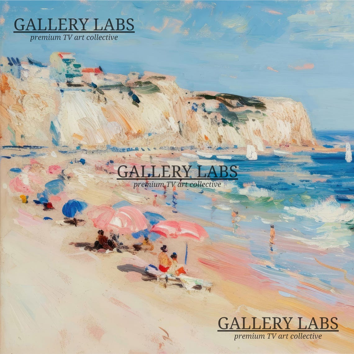 Cliffside Beach White Cliffs Sailboats Swimmers Summer Painting Poster - Image 4