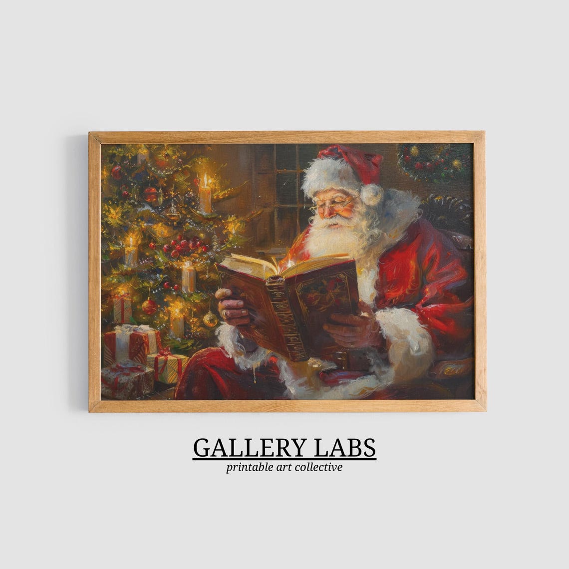 Santa Claus Reading by Christmas Tree Candlelight Vintage Art Poster - Image 3