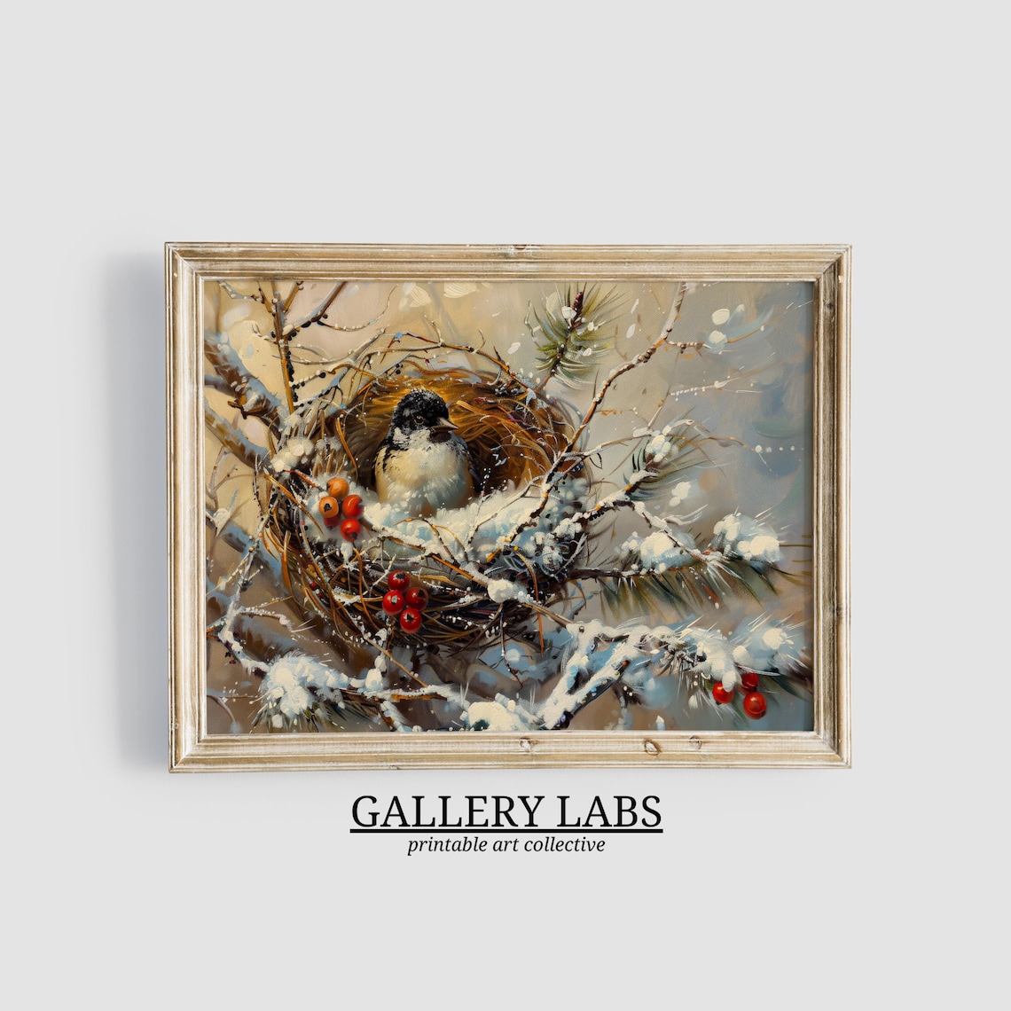 Winter Bird Snowy Nest Red Berries Oil Painting Nature Art Poster
