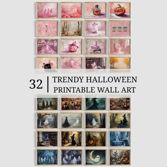 Pink Halloween Prints Set of 32 Spooky Ghost Witch Party Wall Art