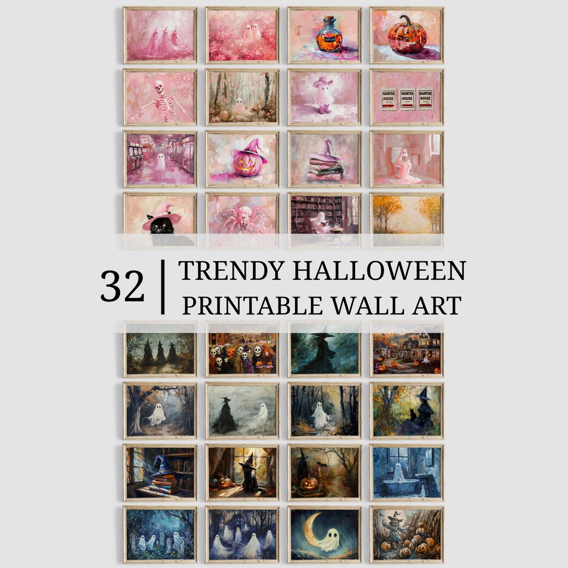 Pink Halloween Prints Set of 32 Spooky Ghost Witch Party Wall Art