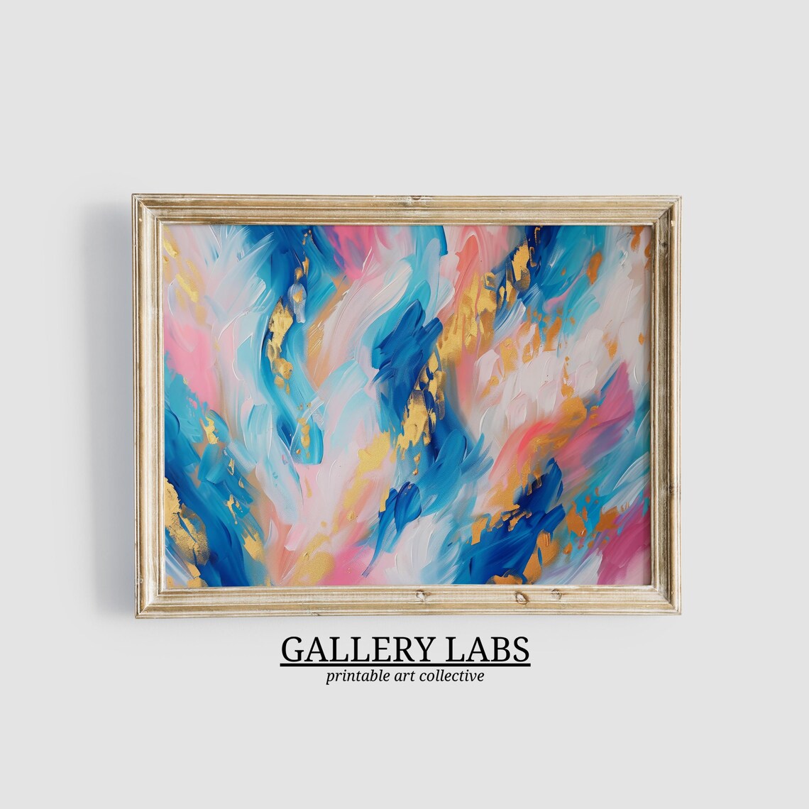 Blue Gold Pink Abstract Brushstroke Modern Colorful Painting Wall Art