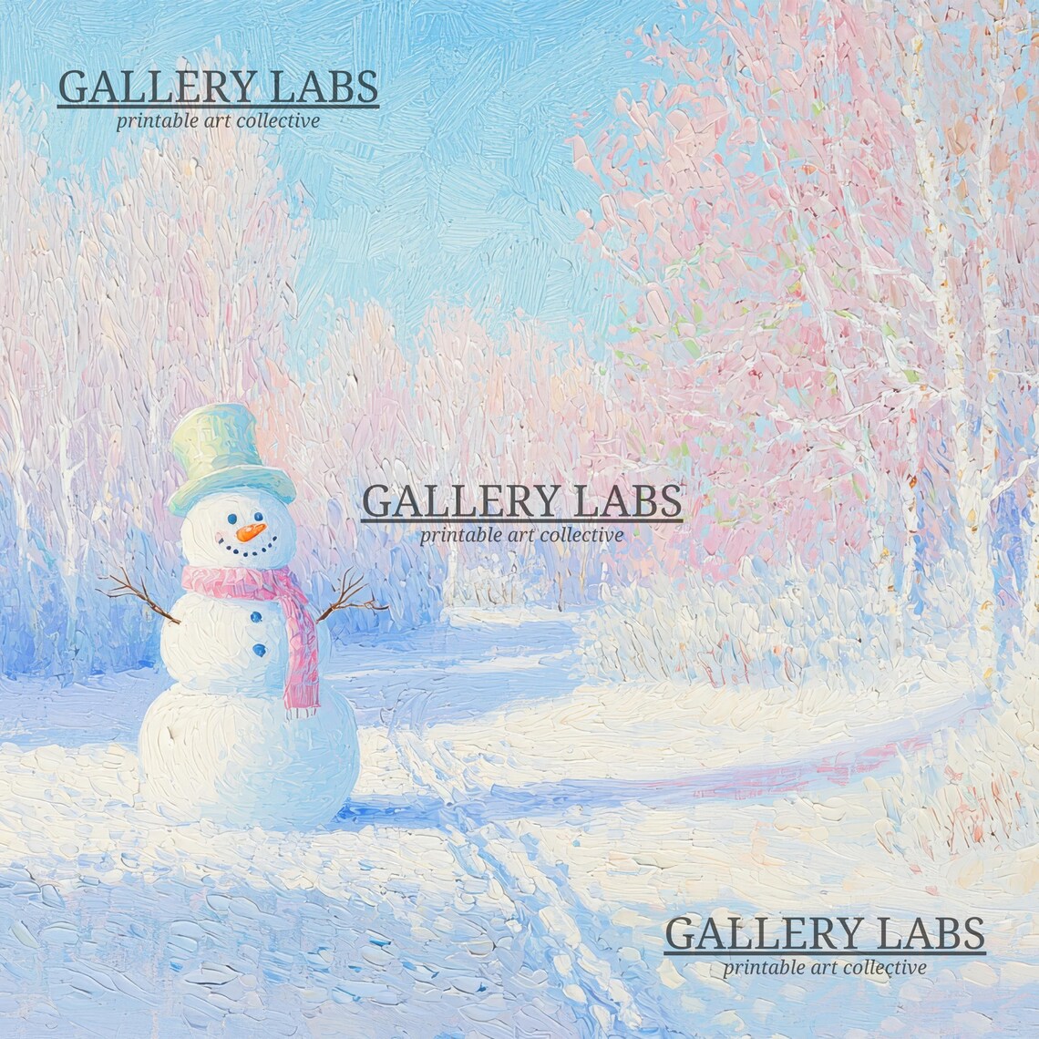 Cute Snowman Pastel Winter Forest Scene Christmas Wall Art Print - Image 4