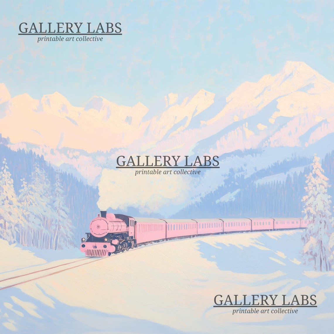 Pink Christmas Train Snowy Mountain Winter Landscape Wall Art - Image 4