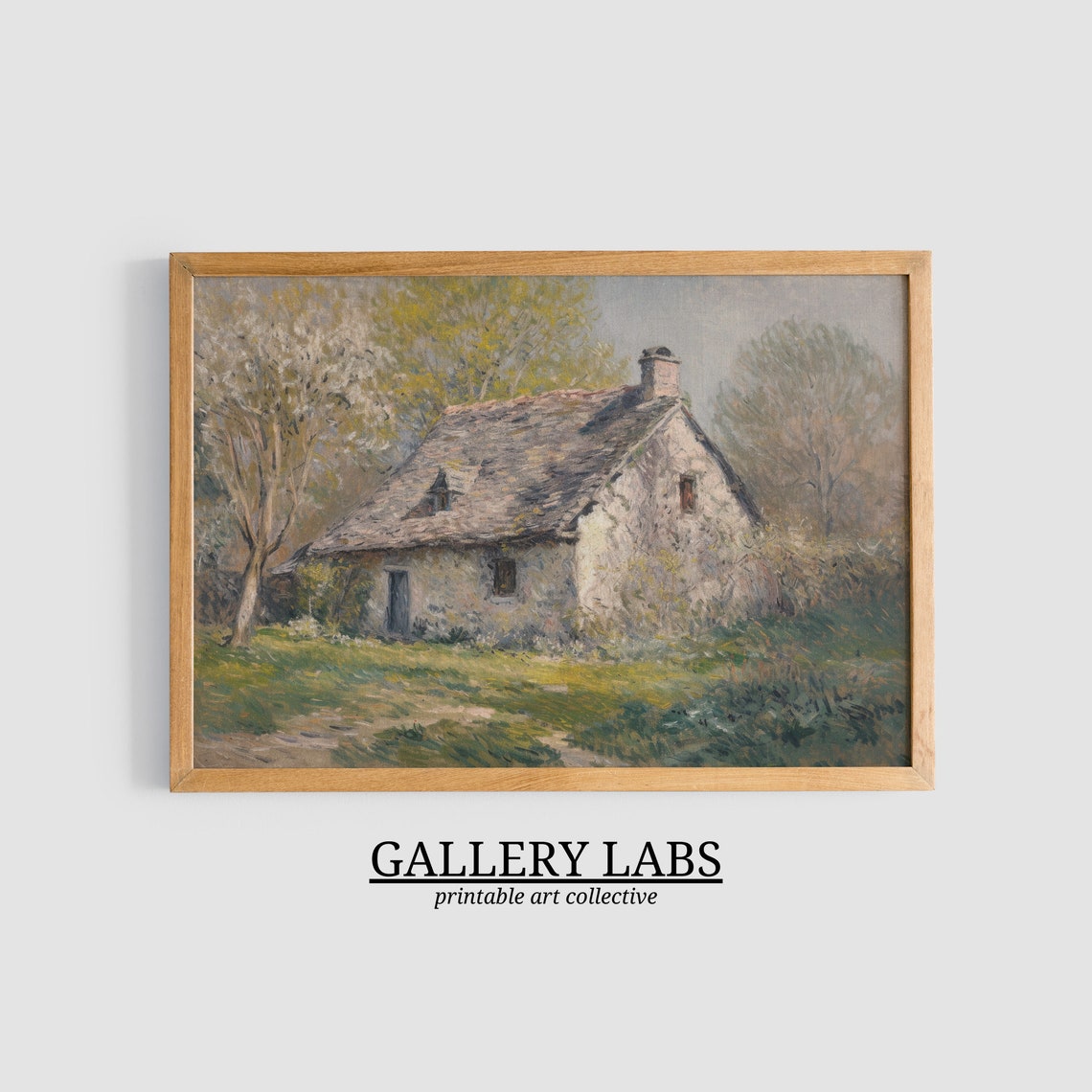 Old Stone Cottage with Blooming Tree Spring Country Art Print - Image 3