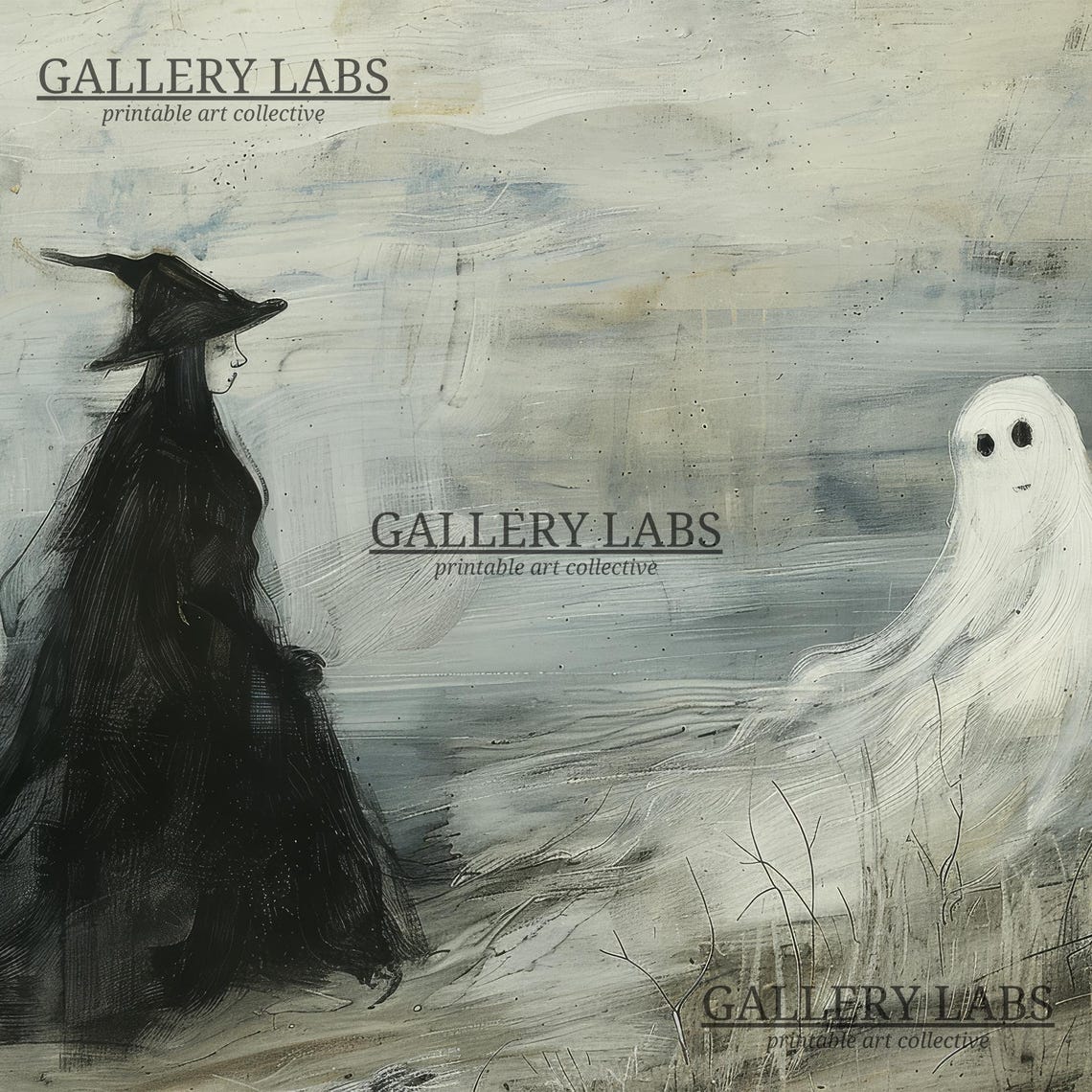 Witch and Ghost Facing Each Other Misty Moody Halloween Wall Art Print - Image 4