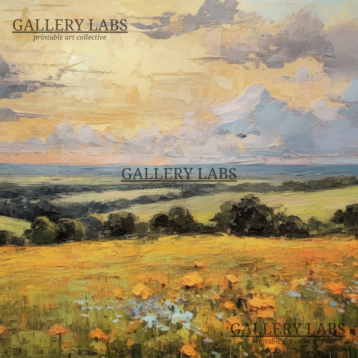 Golden Sunset Meadow Orange Wildflowers Dramatic Sky Art Print - Image 4