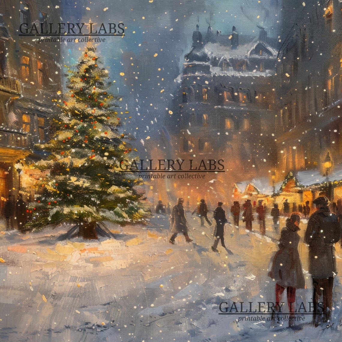 Snowy Christmas Square Night Tree Warm Shops Lights Travel Poster - Image 4