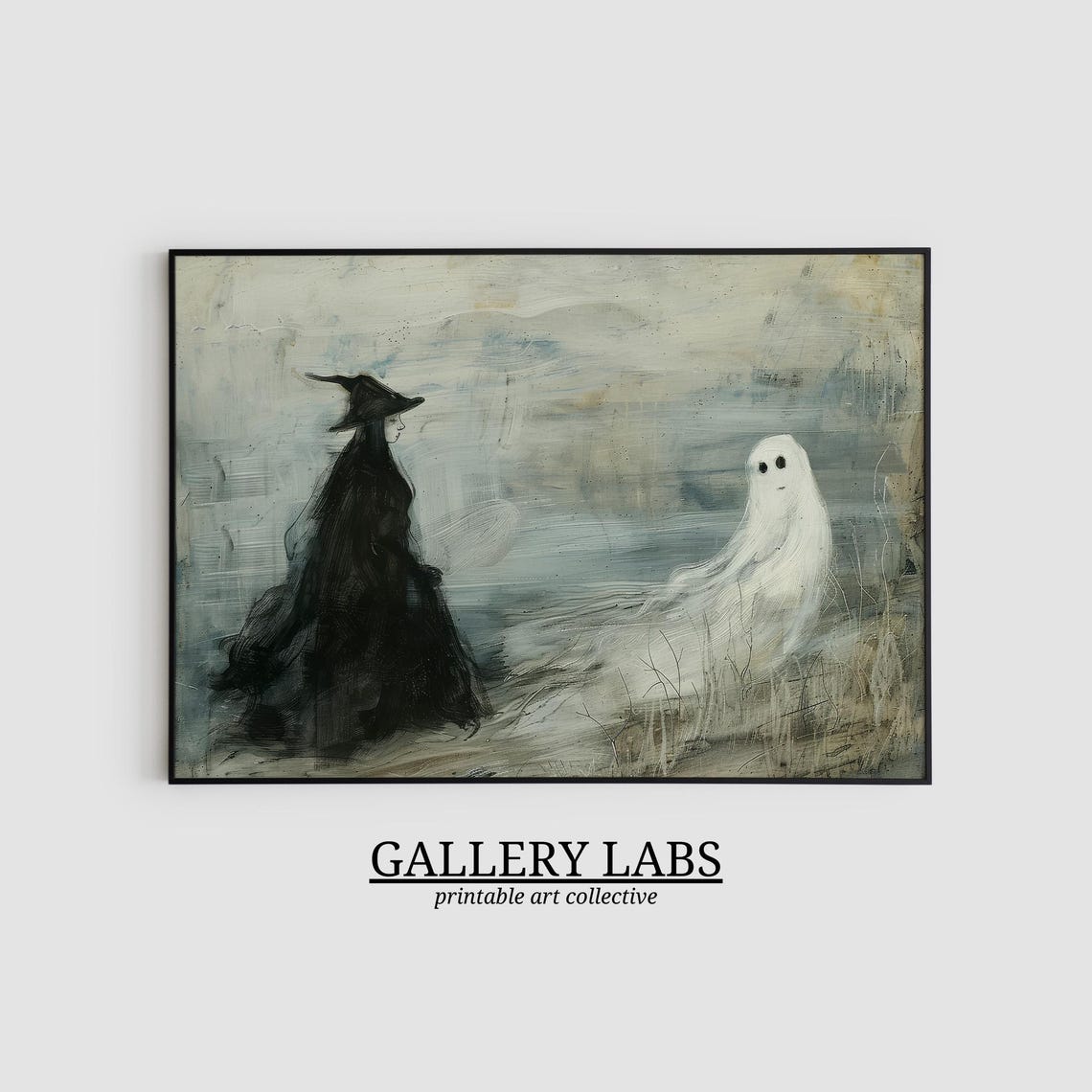 Witch and Ghost Facing Each Other Misty Moody Halloween Wall Art Print - Image 2