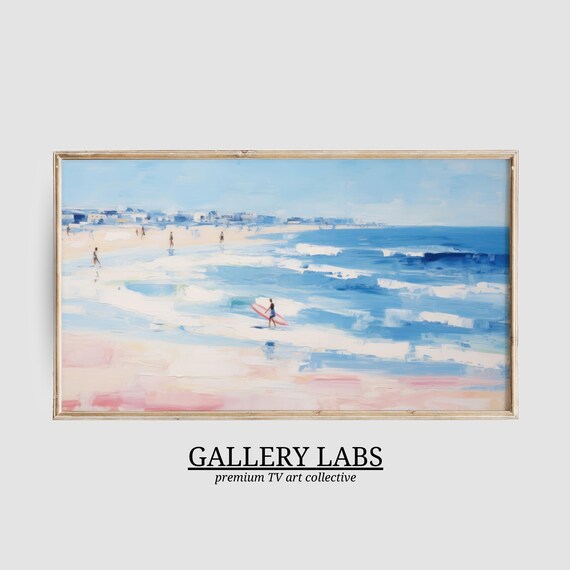 Pink Surfboard Beach Painting Surfer Coastal Town Summer Wall Art Poster