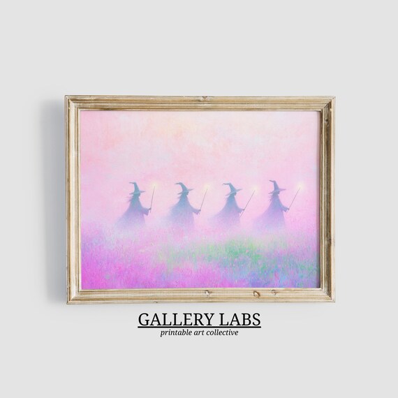 Four Pink Witches Glowing Wands Misty Field Spooky Painting Wall Poster