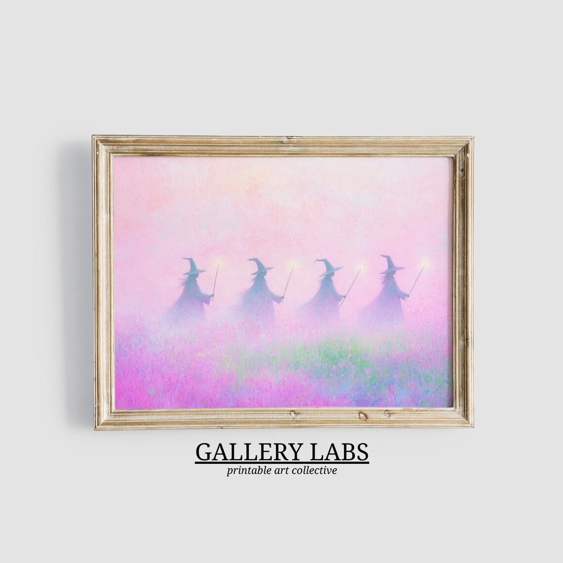 Four Pink Witches Glowing Wands Misty Field Spooky Painting Wall Poster