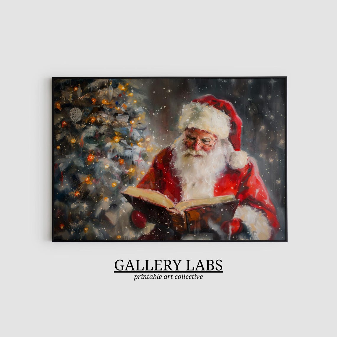 Santa Claus Reading Book Glowing Christmas Tree Snowy Night Poster - Image 2