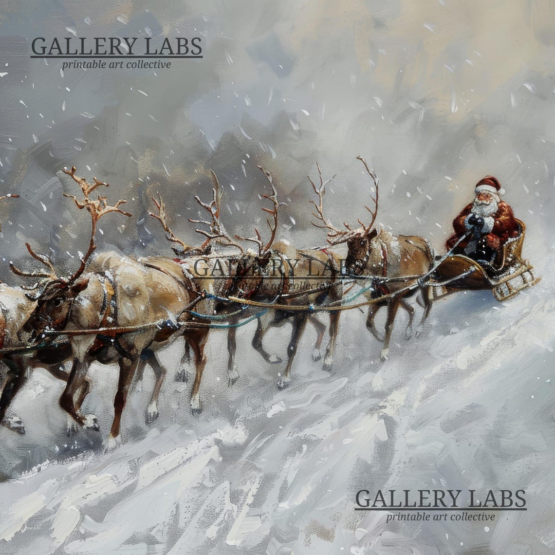 Santa Sleigh Reindeer Team Galloping Through Snowstorm Night Poster - Image 4