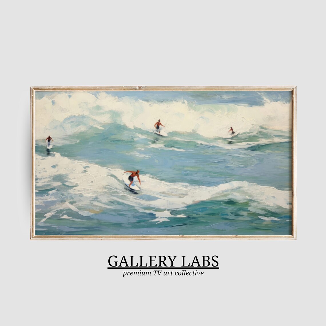 Retro Surfers Riding Rolling Turquoise Ocean Waves Painterly Beach Scene Art Print