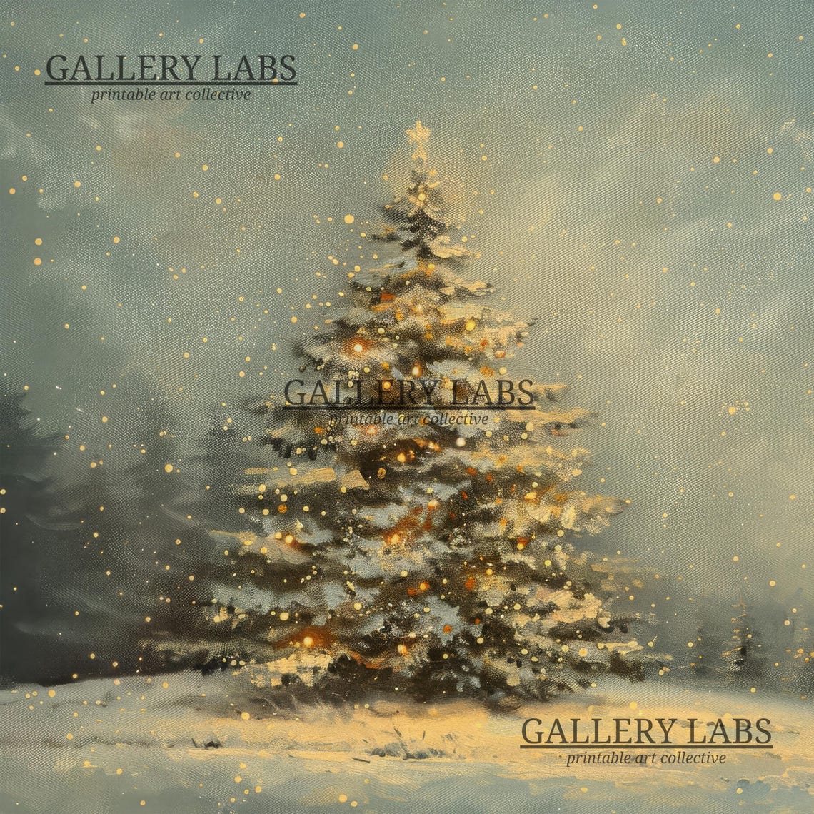 Lone Christmas Tree Snowy Forest Twilight Falling Snow Painting Poster - Image 4