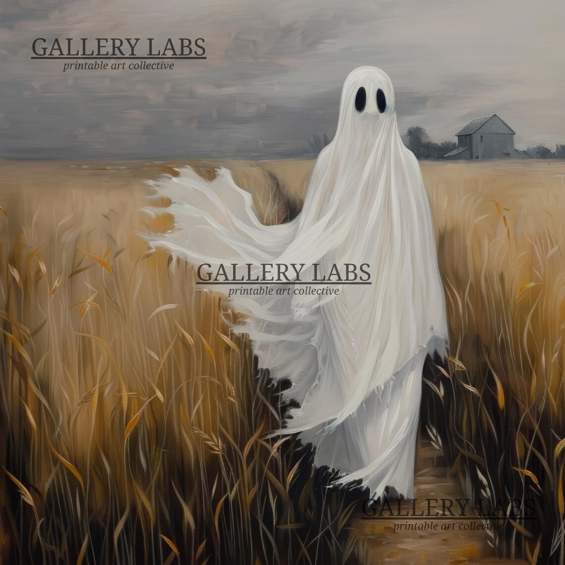Ghost in Golden Wheat Field Moody Vintage Halloween Oil Painting Poster - Image 4