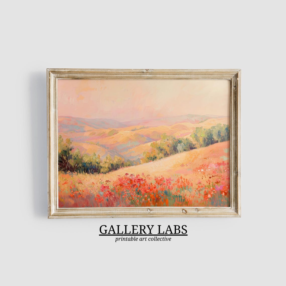 Blush Pink Landscape Rolling Hills Dreamy Trees Scene Art Print