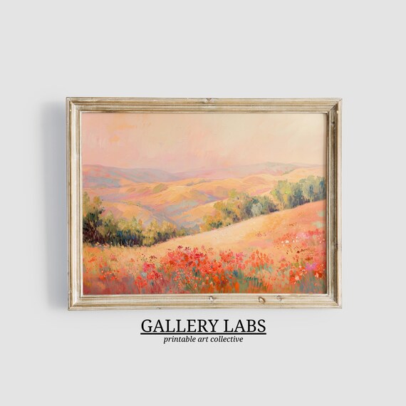 Blush Pink Landscape Rolling Hills Dreamy Trees Scene Art Print