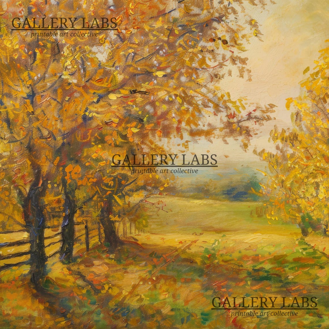 Golden Autumn Field Wooden Fence Sunlit Fall Landscape Art Print - Image 4