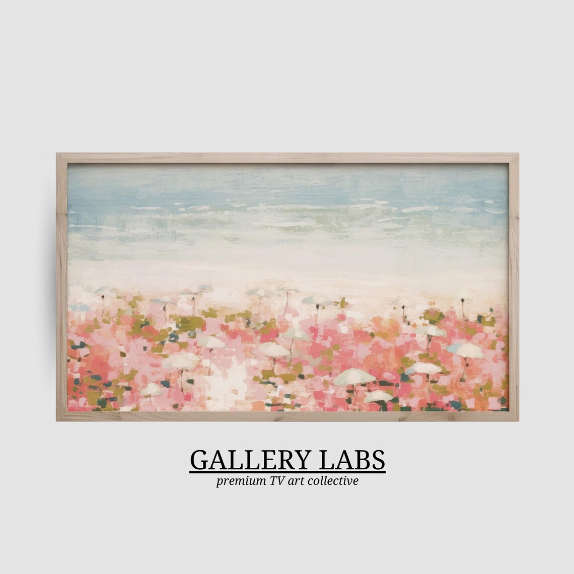 Dreamy Pink Blossom Field Stretching to Pale Blue Horizon Soft Impressionist Painting - Image 2
