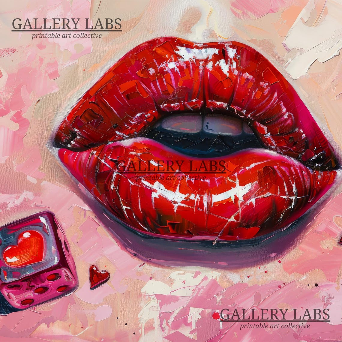 Glossy Red Lips Lucky Heart Dice Pink Maximalist Painting Wall Poster - Image 4