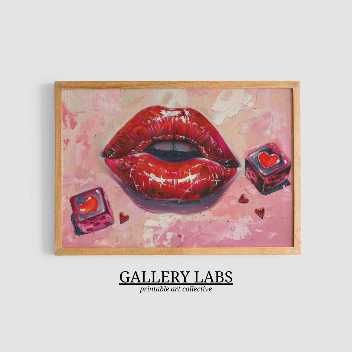 Glossy Red Lips Lucky Heart Dice Pink Maximalist Painting Wall Poster - Image 3