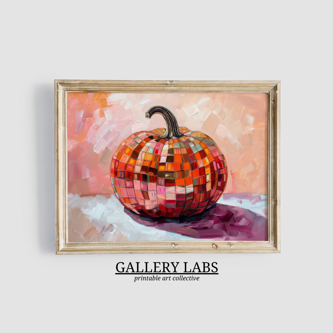 Disco Ball Pumpkin Mosaic Tiles Peach Background Fall Painting Poster