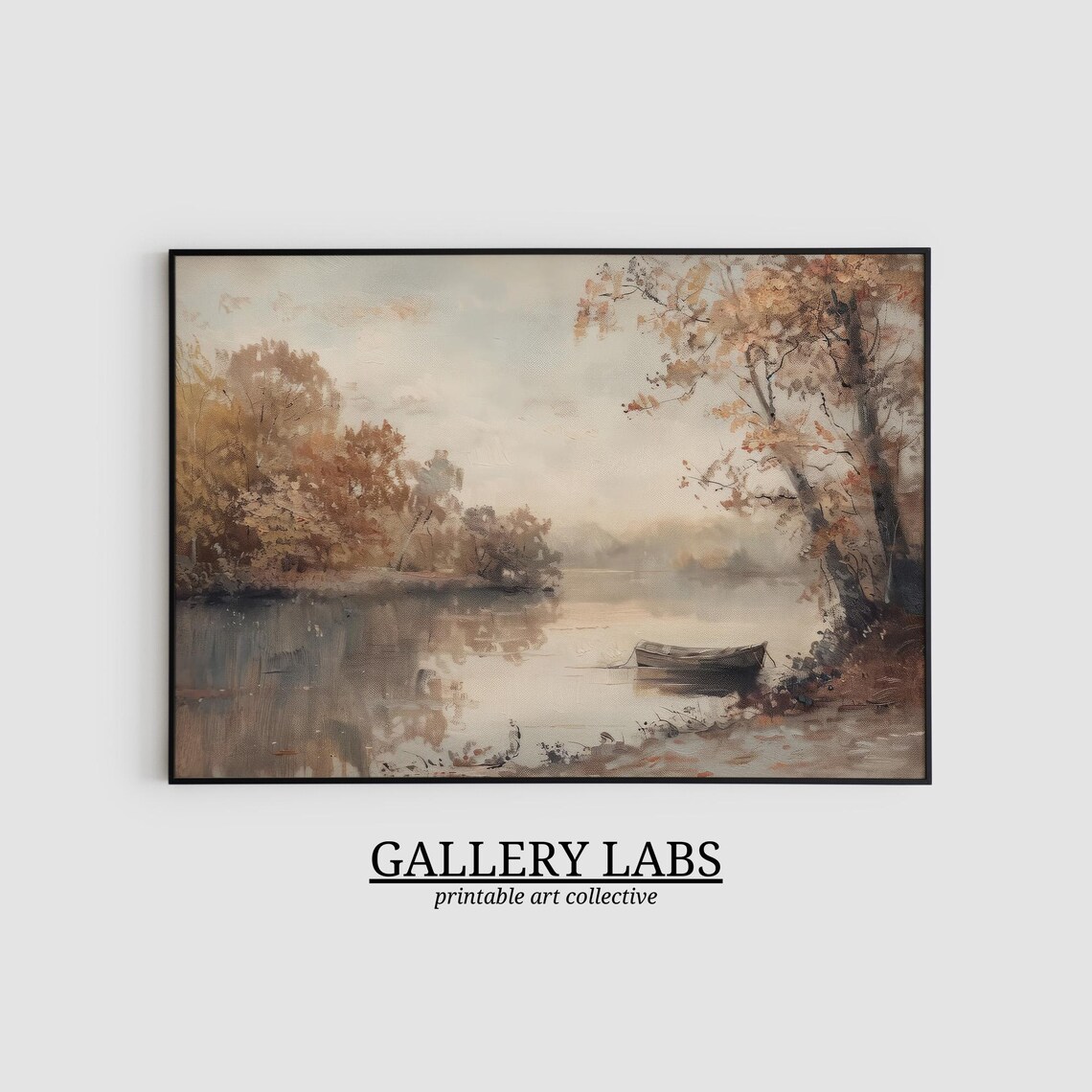 Wooden Rowboat on Misty Autumn Pond Ringed by Golden Foliage Soft Oil Painting Print - Image 2