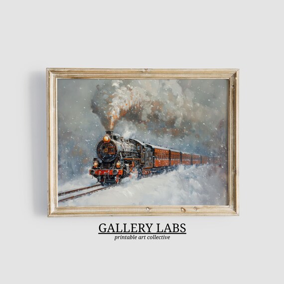 Rustic Winter Train Oil Painting Vintage Seasonal Decor Christmas Wall Art Winter Decor Moody Farmhouse Christmas Art