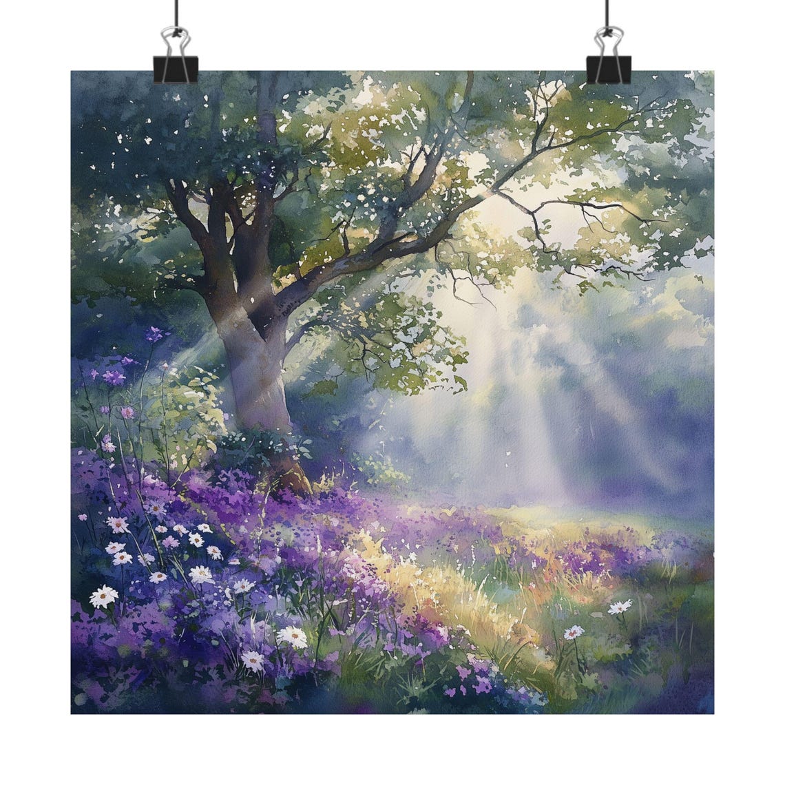 Misty Forest Sunbeams Purple Wildflower Meadow Watercolor Poster