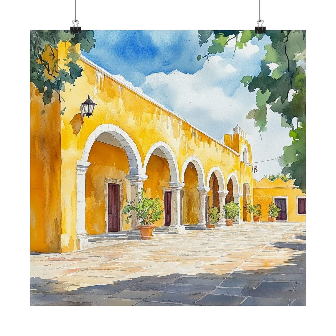 Izamal Yucatan Glowing Yellow Colonial Arcade Watercolor Wall Art