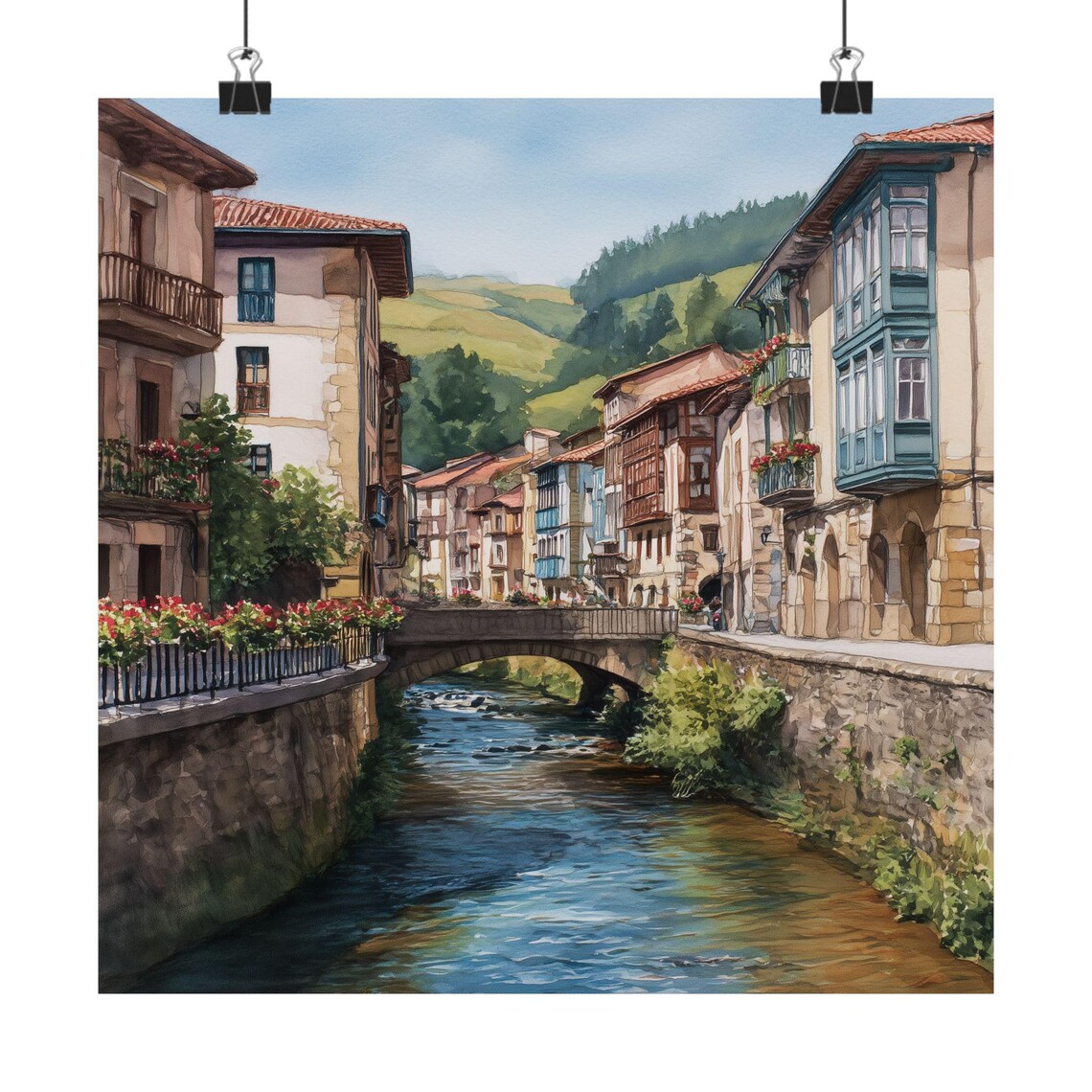 Viavelez Asturias Spain River Bridge Stone Village Watercolor Poster