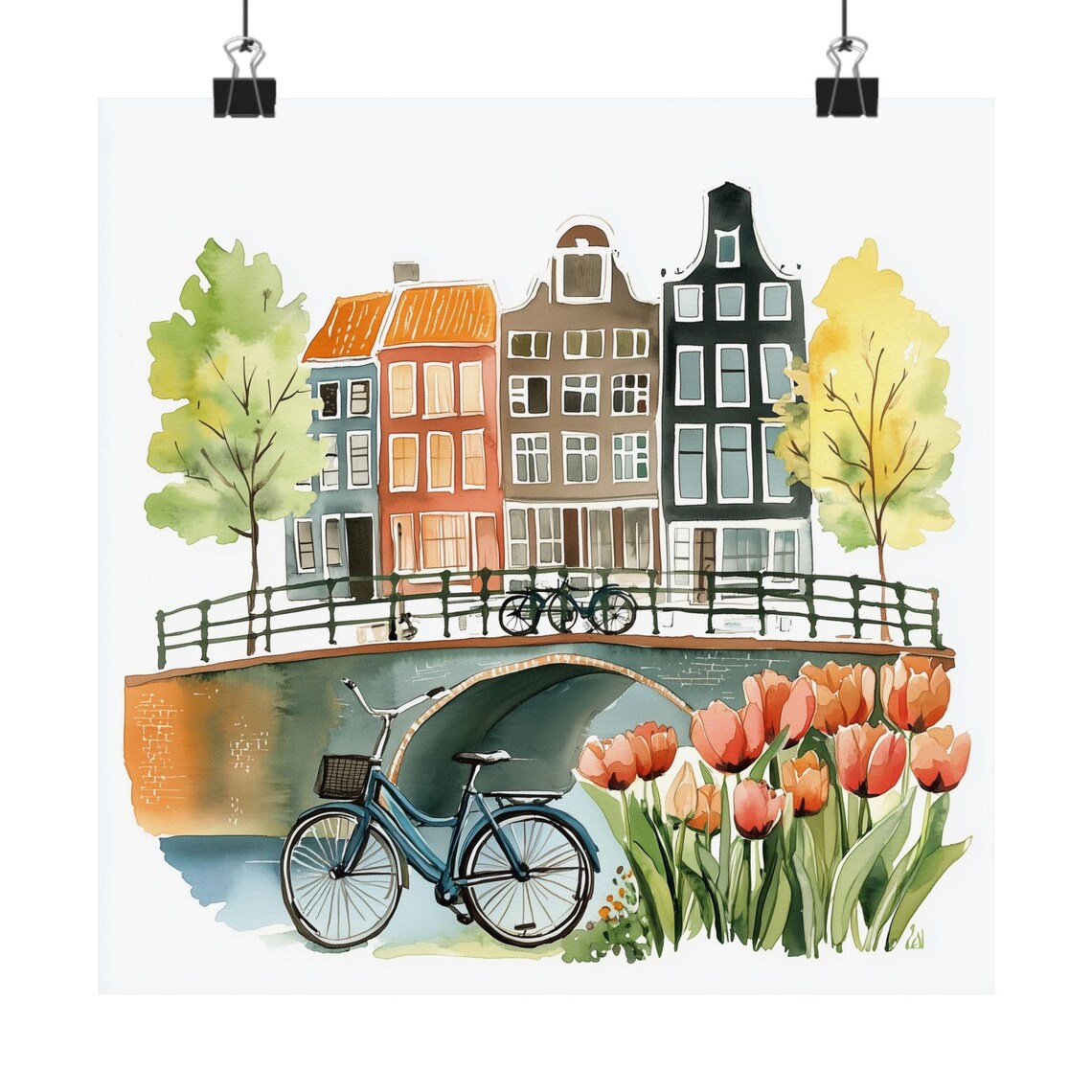 Amsterdam Netherlands Canal Watercolor Bicycles Tulips Travel Poster